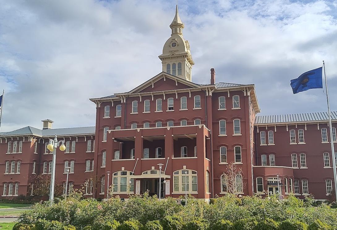 Large red building, the Oregon State Hospital